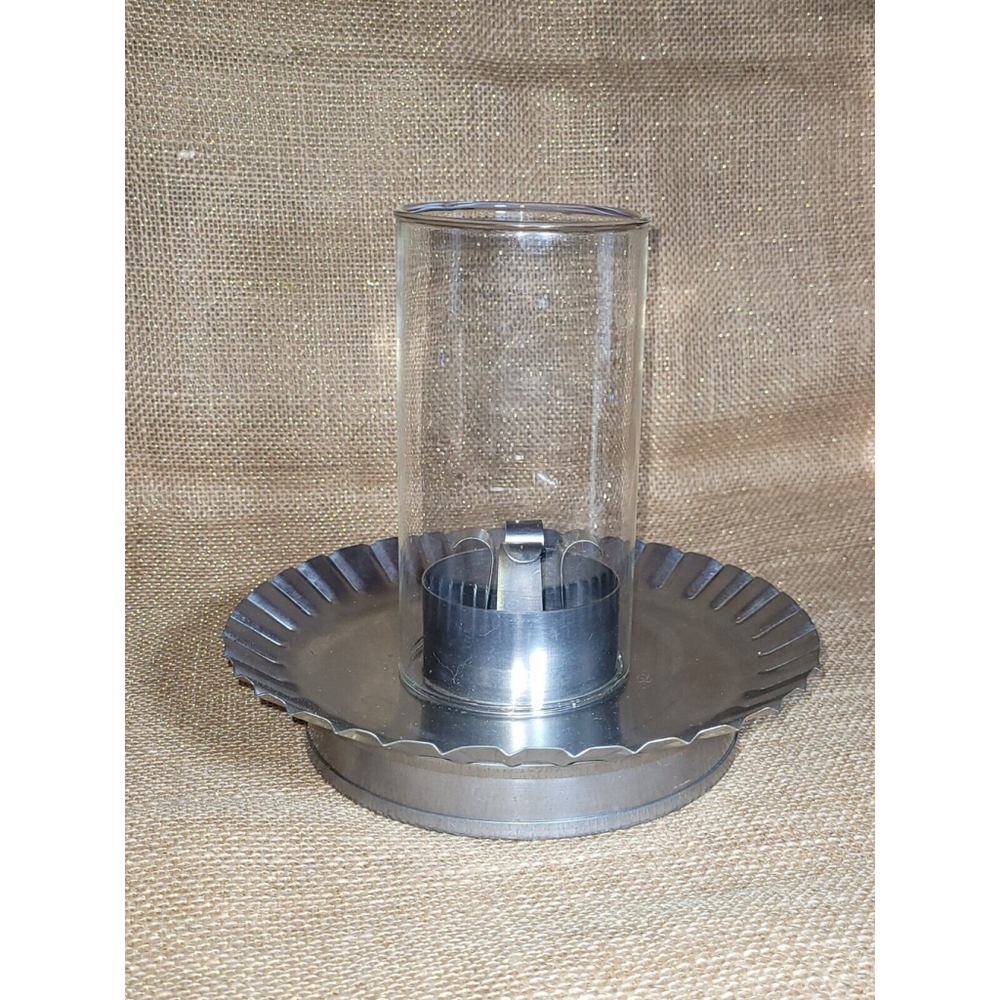 Metal Candle Holder "Pie Plate" Ruffled Base W Clear Glass Hurricane Globe Shade